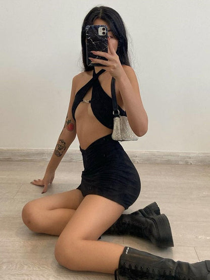 Graduation Gift Big Sale   Backless Halter   Cut-Out Women Mini Dresses Bodycon Club Fashion Sleeveless Black Dress Holiday Clothes