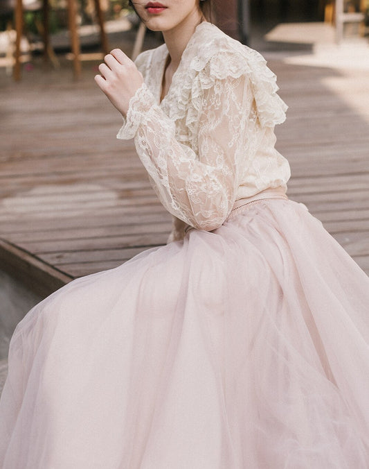 flowersverse Back to school  Vintage Fairy Style Lace 2 Pieces Set Woman Cottage Core Double Layer Petal Sleeve Shirt Blouse Lady Tops & Mesh Long Skirt