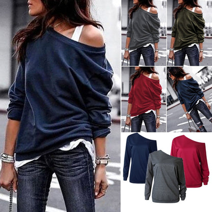 flowersverse  Back to school  Autumn Blouse One Shoulder Tops Solid Shirt Female Clothes Outwear Casual Female Knitted Loose Shirts Women Long Sleeve