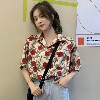 flowersverse Blouses Women Shirts Short Sleeve Summer Sum-Proof Harajuku Rose Print Vintage Retro Korean Style Loose Teens Streetwear Chic