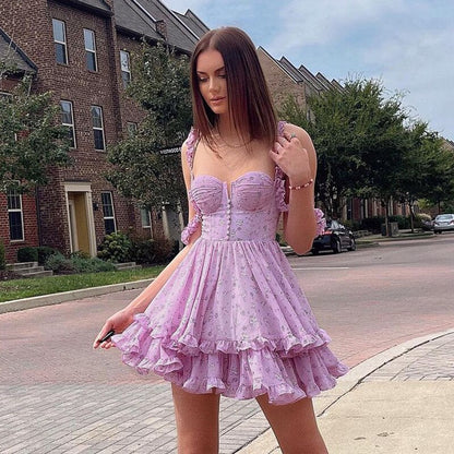 flowersverse Purple Floral Pleated Mini Dress Spaghetti Strap A-Line Ruffles Summer Dress   Off Shoulder Backless Birthday Party Dresses
