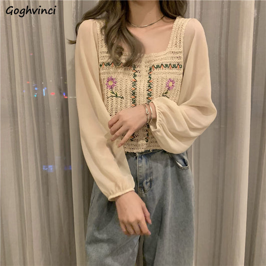 flowersverse Blouse Women Print Casual Simple Hollow Out Teens Square Collar Daily Vintage Harajuku Crop Chic Comfortable College Loose New