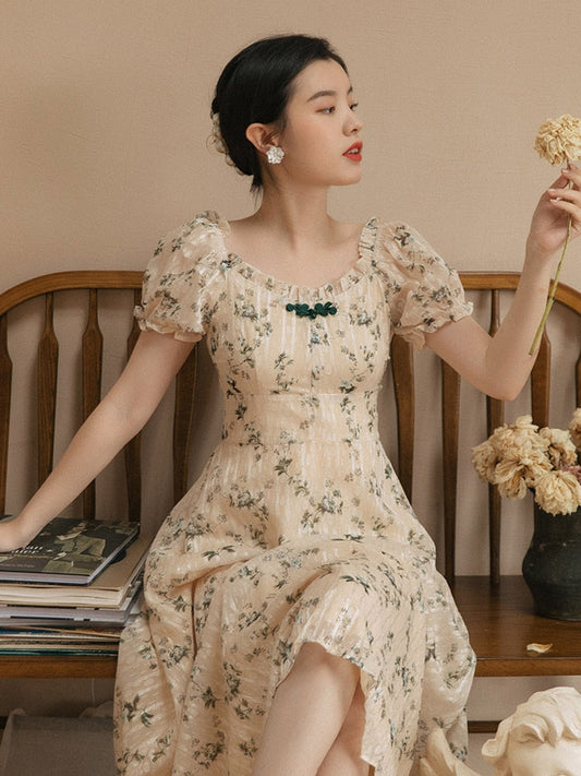 flowersverse Back to school outfit Summer Elegant Jacquard Midi Dress Vintage Print Floral Puff Sleeve Chiffon Romantic Lady Dresses Vestido Robe Fleurie Femme