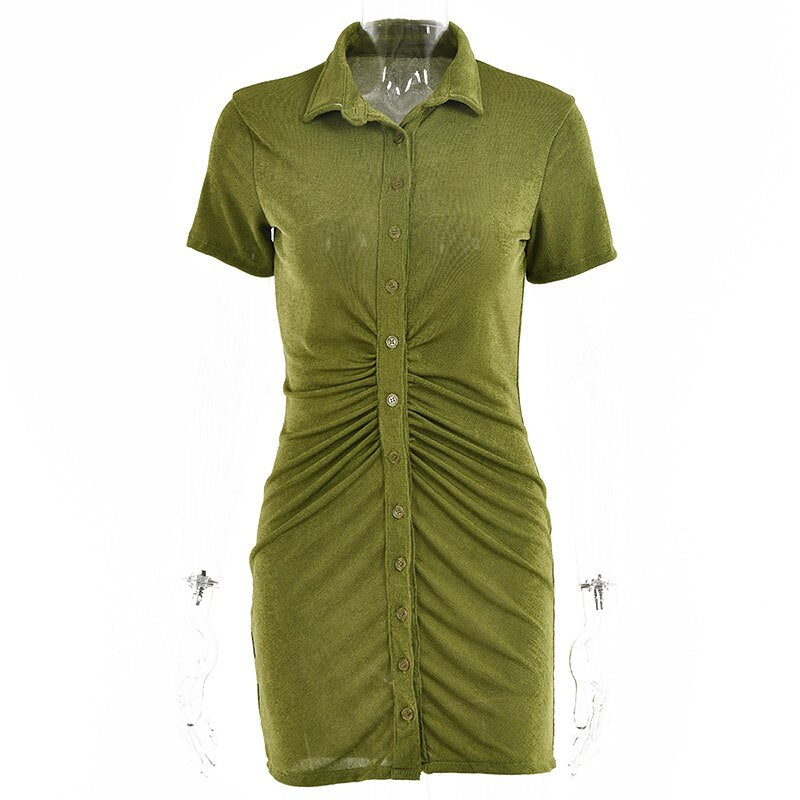 flowersverse Short Sleeve Ruched Bodycon Dresses For Women   Summer   Mini Dress Blue Green Turn-Down Collar Button Up Shirt Dress