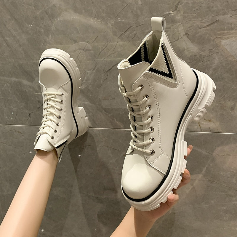 flowersverse Autumn Boots New Style Women Casual Shoes Platform Sneakers PU Leather Shoes Woman High Top White Shoes Tenis Feminino 0823