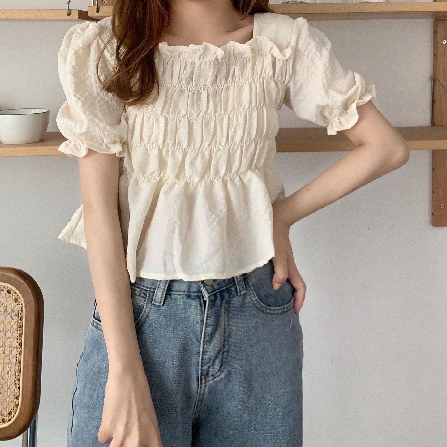 flowersverse Blouses Women Puff Short Sleeve Cropped Solid Simple Korean Style Summer Student Gentle Feminino Tops All-Match Fashion Leisure