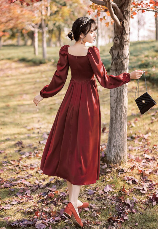 flowersverse Back to school  Vintage Oil Paintings Jacquard Red Dress For Slim Lady Retro Royal Style Square Collar Puff Sleeve Princess Dresses Dating Party