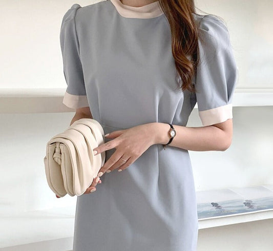 flowersverse Back to school outfit Woman Chic Dresses Minimalism Elegant Temperament Lacing Color Contrast Stand Collar Slim Puff Sleeves Female Vestidos