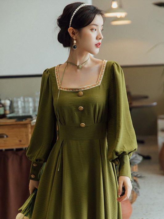 flowersverse Back to school outfit Gorgeous Green Dress For Elegant Lady Koran Fashion Embroidery Square Collar Lantern Sleeve Vintage Pirncess Dresses Vestido