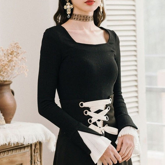 flowersverse Black Vintage Gothic Knitted Sweater Women Ruffles Chic Slim Korean Party Tops Casual Evening Long Sleeve Clothing  Autumn