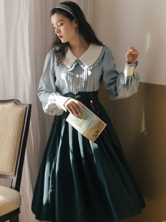 flowersverse Back to school  2 Colors Modern Vintage Style Lady Outfits Sweet Peter Pan Collar Lantern Sleeve Shirt & Bandage Elastic Plaid Skirt Sets Woman