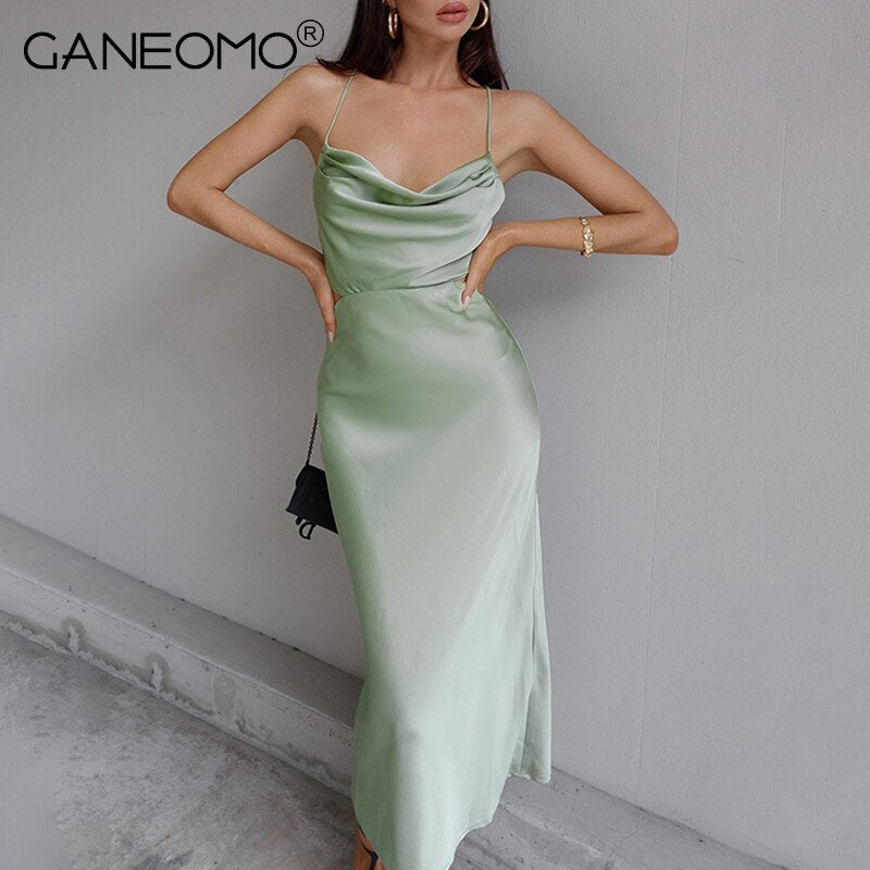 Satin Midi Dresses for Women Elegant Ruched Party Evening Bodycon Slip Long Dress   Summer Spaghetti Strap Club Outfits