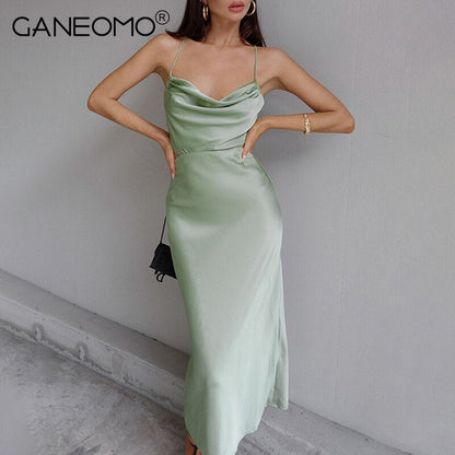 Satin Midi Dresses for Women Elegant Ruched Party Evening Bodycon Slip Long Dress   Summer Spaghetti Strap Club Outfits