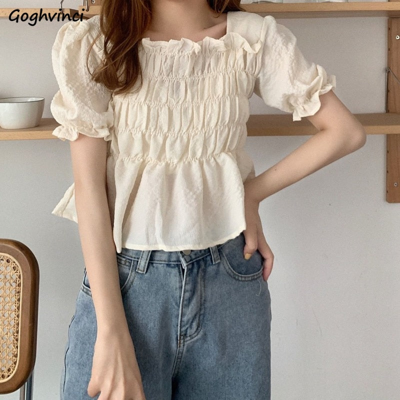 flowersverse Blouses Women Puff Short Sleeve Cropped Solid Simple Korean Style Summer Student Gentle Feminino Tops All-Match Fashion Leisure