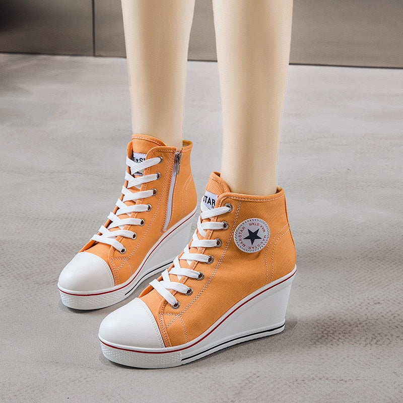 flowersverse Women Classic Wedges Shoes High Top Pumps Women Casual Shoes Female Height Increasing Platform Women Canvas Shoes