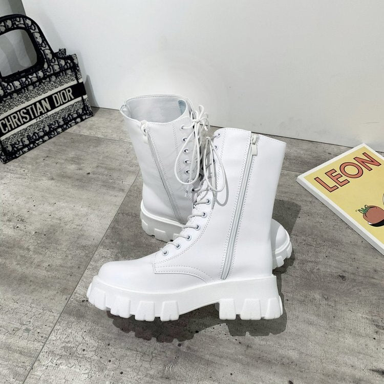 flowersverse Spring Women White Boots Autumn Fashion Black Leather Platform Gothic Boots Punk Combat Mid-Calf Boots for Women