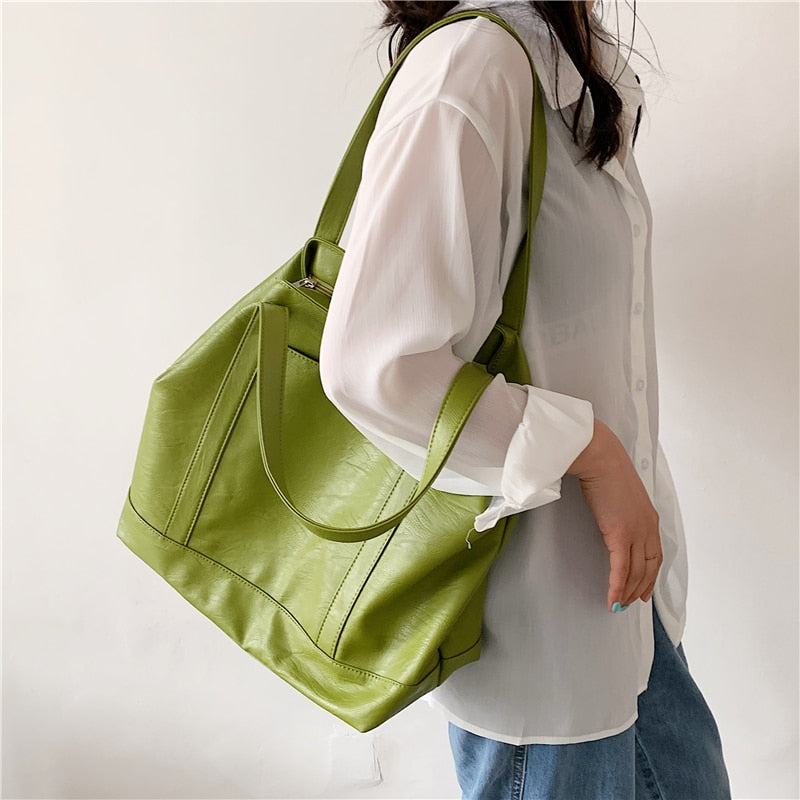 flowersverse Back to school Large Capacity Soft Tote Shoulder Bags For Women Summer Trends Fashion Solid Color Big Ladies Handbags White Green