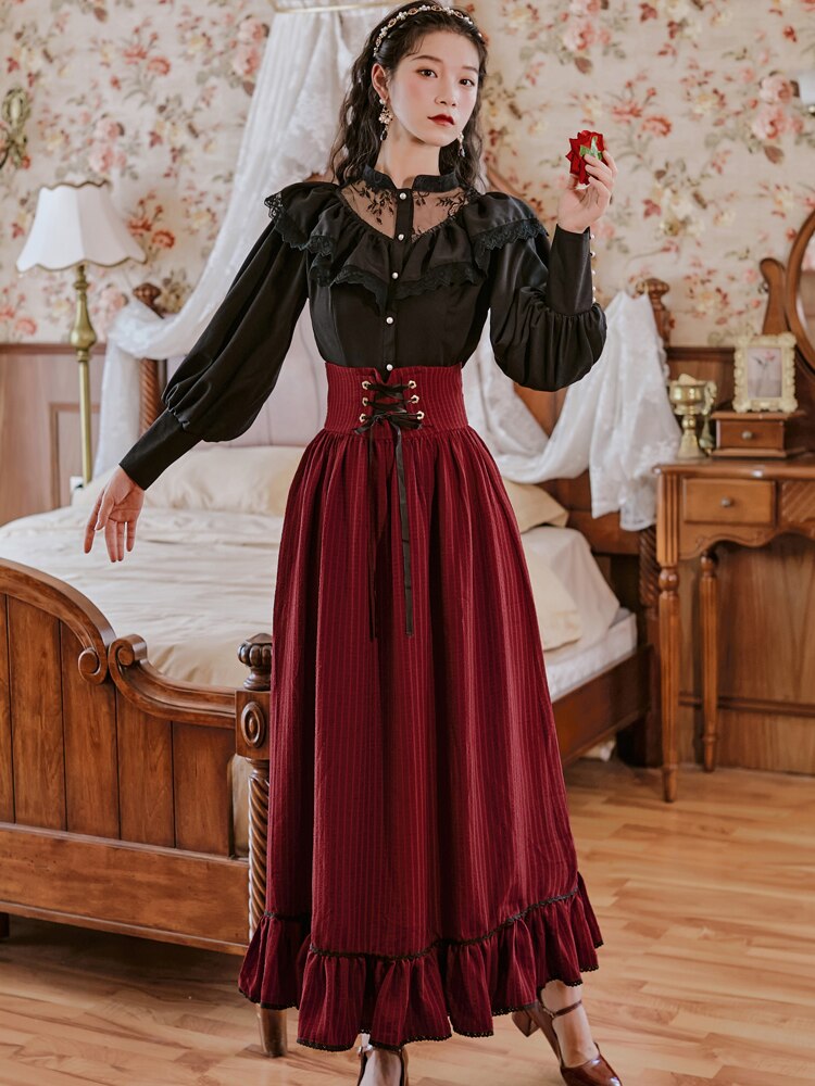 flowersverse Back to school outfit Korean Style Elegant Women Suits Vintage Lantern Sleeve Casual Black Shirt & Burgundy Stripe Long Maxi Skirt For Slim Lady Sets