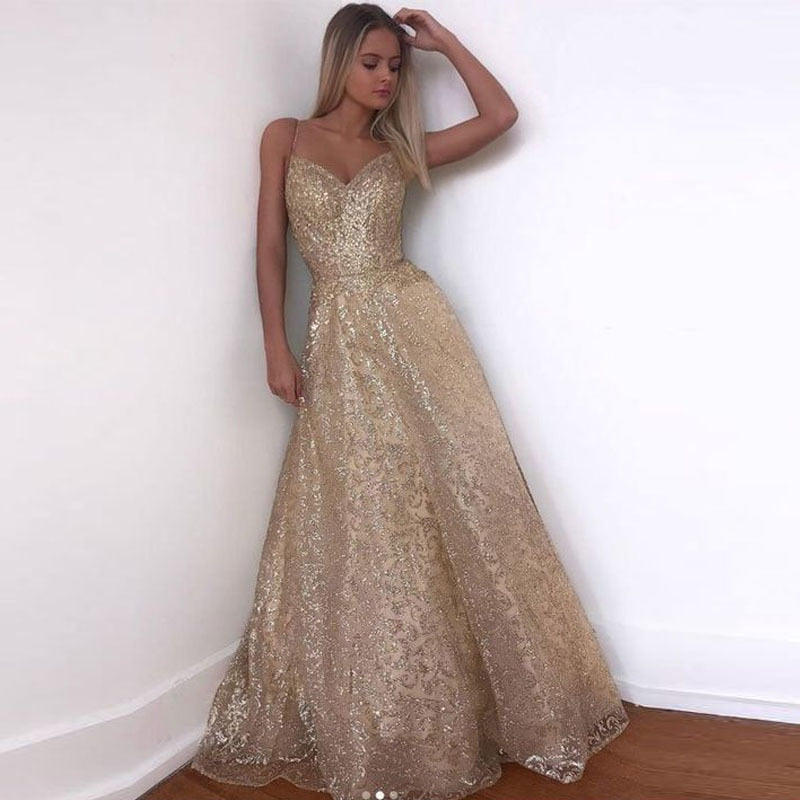 flowersverse Hot Sequins Diamond   Sling Deep V-Neck Big Swing Ladies Dress For Porm Emerald Gold Bridesmaids Dresses