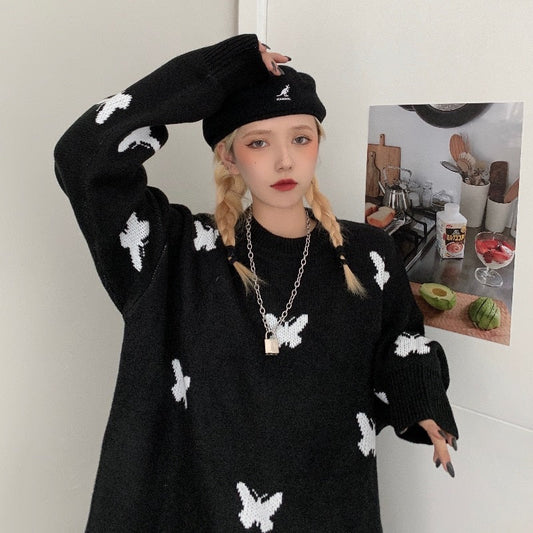 flowersverse Autumn Women Loose Sweater Black Butterfly Knitted Sweater Fashion Harajuku Pullovers  Couple Hip Hop O-Neck Sweatshirt Y2k