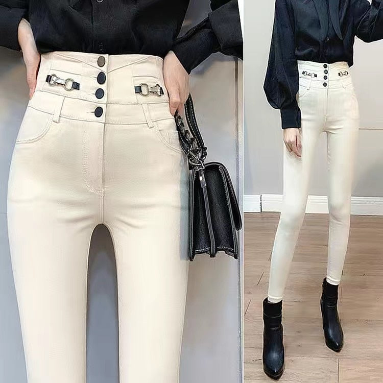 flowersverse Autumn Spring New Black leggings Casual Elastic High Waist stretch feet pants women's Metal Buttons was thin Pencil Pants