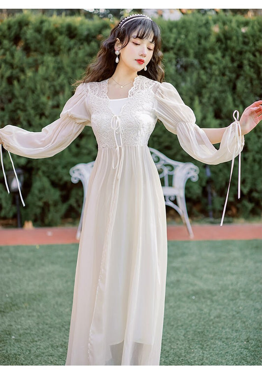 flowersverse Back to school outfit French Vintage Lace Fairy Dress Romantic Woman Apricot Lace Lantern Sleeve Long Maxi Dresses Princess Party Night Vestido Festa