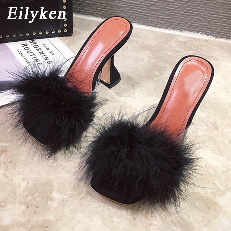 Eilyken Woman Feather Transparent High heels Fur Slippers Sandals Women Peep toe Mules Lady Pumps Slides White size 35-41