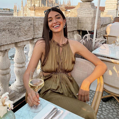 flowersverse Back to college Elegant O Neck Satin Lace Up Long    High Waist Hollow Out Sleeveless   Maxi Dress Party Dresses