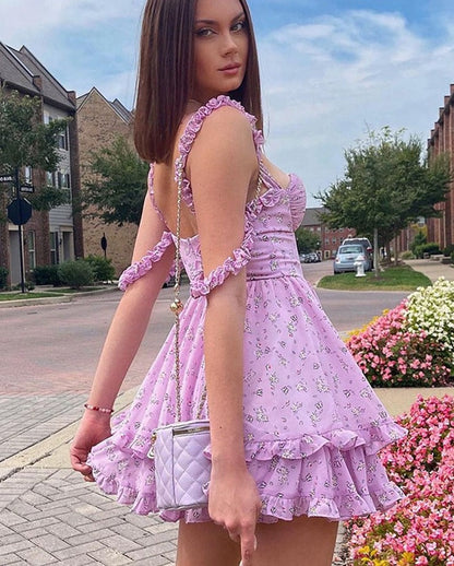 flowersverse Purple Floral Pleated Mini Dress Spaghetti Strap A-Line Ruffles Summer Dress   Off Shoulder Backless Birthday Party Dresses