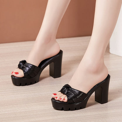 flowersverse Plus Size 32-43 Platform Slides Summer Wedding Shoes Open Head Bow High Heels Slippers Ladies Party Office Slipper Shoes