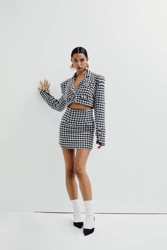 flowersverse Autumn Winter Fashion Tweed Suits Two Piece Set Women Full Sleeve Short Coat Top Women And High Waist Skirt Women's Suit