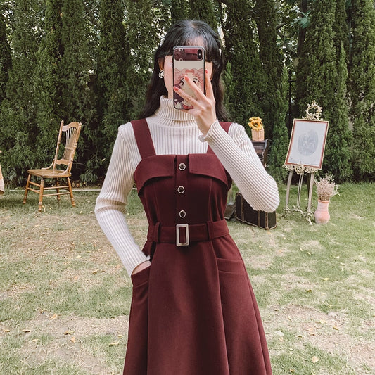 flowersverse Back to school outfit 3 Colors Japan Preppy Style Women Tank Dress With Belt Retro Solid Loose Casual Large Size Sleeveless Dresses For Autumn Winter