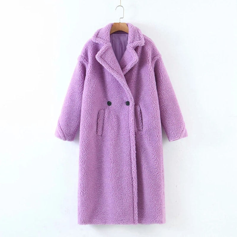 flowersverse Autumn Winter Women Fashion Chic Purple Teddy Coat Female Buttons Pockets Lapel Collar Warm Outerwear Girls Casual Streetwear