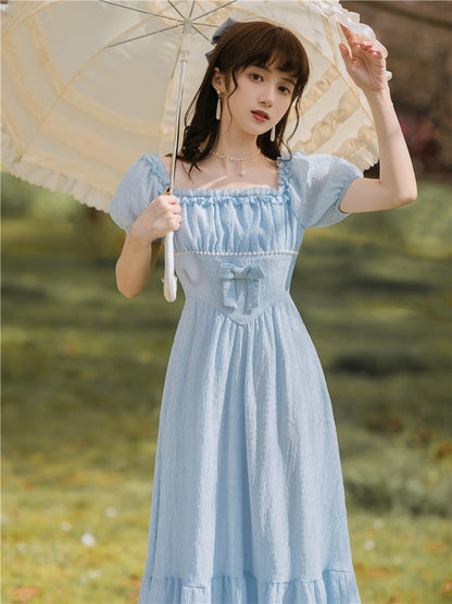 flowersverse Blue Gentle Romantic Fairy Dress Women Ruffled Square Collar Elegant High Waist Beaded Bow Sweet Cute Long Dress Summer  New