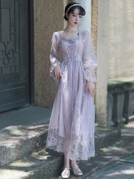 flowersverse Autumn Dress Purple Party Dresses Embroidered Lace Square Collar French Romantic Fairy Dresses Flared Sleeve Sweet Vestido Midi