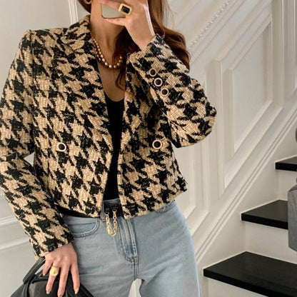 flowersverse Autumn Winter Women's Blazers Jackets Checkered Korean Lady Wild Plaid Bling Bling Short Tops JK1292