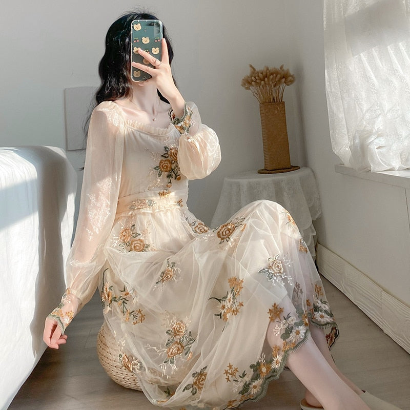 flowersverse Back to school outfit Vintage Mesh Fairy Dress Retro Embroidery Floral Petal Sleeve Ruffles Collar Casual Dresses For Party Night Vestido Festa