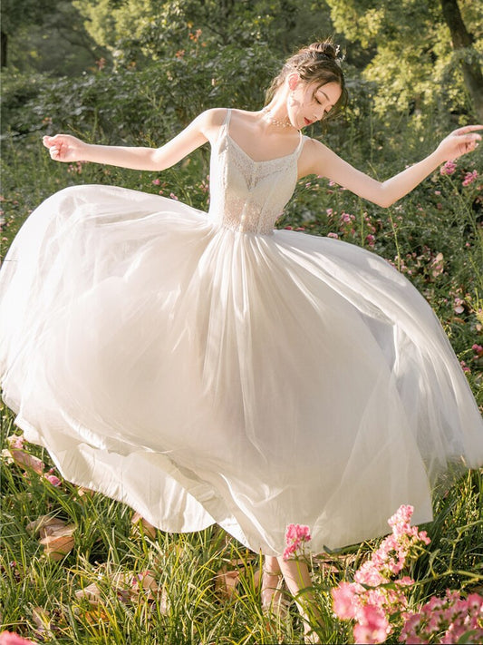 flowersverse Back to school Summer Chic White Fairy Dress Woman Romantic Vintage Lace Mesh Spaghetti Strap Long Design Ballet Dancer Dress Sexy Boho Vestido