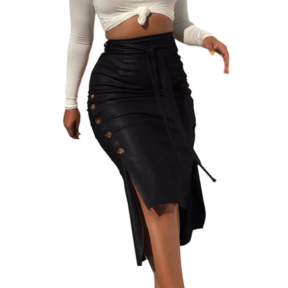 flowersverse-Women Trendy PU Leather Midi Skirt Solid Color High Waist Lace-Up Side Button Ladies Slim Skinny Pencil Skirt Streetwear