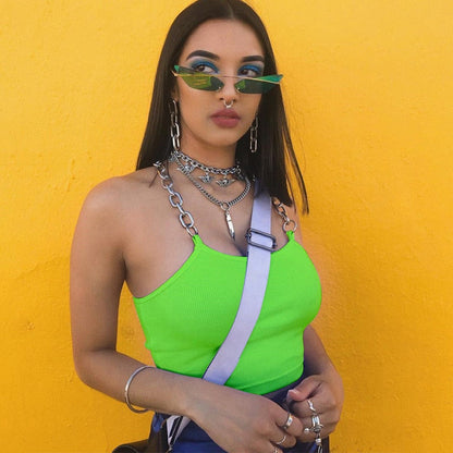 flowersverse  Spring Summer Hot Sale Neon Green Camis Chain Straps Festival Crop Tops Women Sexy Sleeveless Tanks Tops Female Streetwear