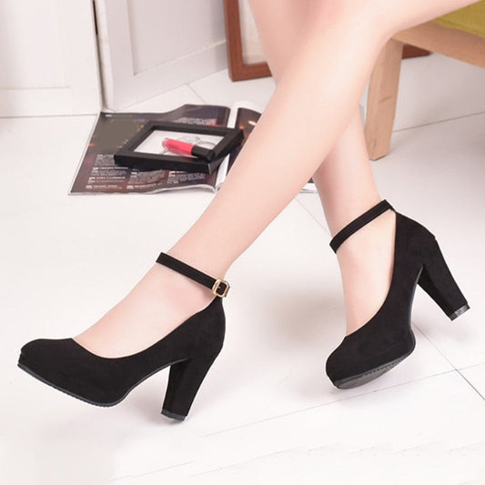 flowersverse Women Fashion Flock Pumps Ladies Sweet Thick High Heels Shoes Female Ankle Strap Suede Mary Jane Woman Party Casual Footwear