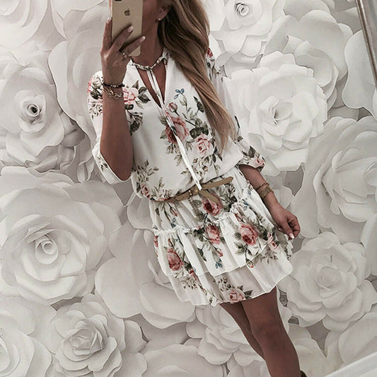 flowersverse Vintage Women's Wrap Summer V-Neck Boho Floral Print Dress Elegant Ladies Holiday Beach Mini Sundress Plus Size