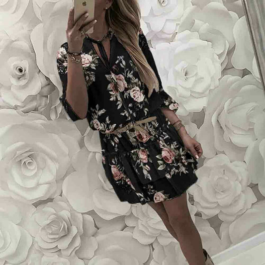 flowersverse Vintage Women's Wrap Summer V-Neck Boho Floral Print Dress Elegant Ladies Holiday Beach Mini Sundress Plus Size