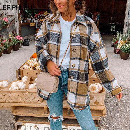flowersverse Autumn Plaid Jacket Women Long Overshirt Checkered Jacket Woman Female Long Sleeve Winter Shirt Jackets Coats For Women