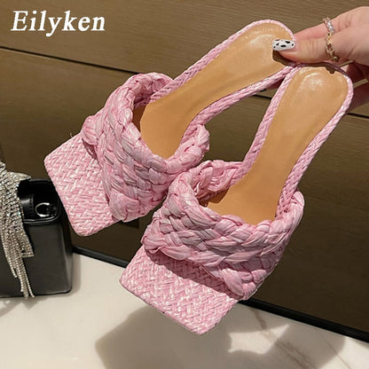 flowersverse  New Summer Design Weave Square Toe Heels High Quality Slippers Gladiator Beach Womens Sandal Slides Shoes