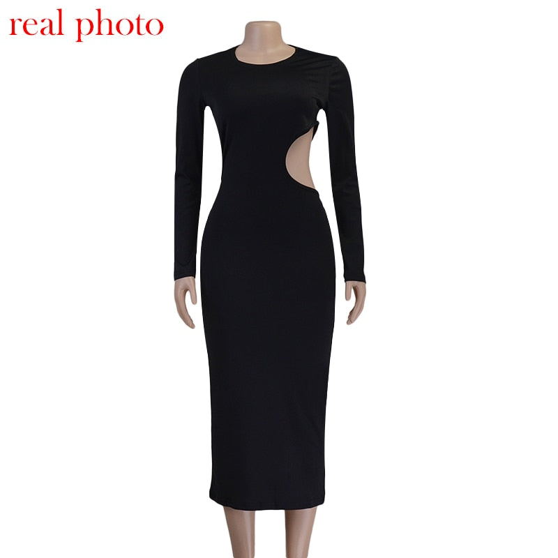 Graduation Gift Big Sale   Black Cut Out Round Neck Long Dress Women Elegant Long Sleeve Club Party   Spring Dresses Skinny Clothes