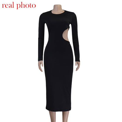 Graduation Gift Big Sale   Black Cut Out Round Neck Long Dress Women Elegant Long Sleeve Club Party   Spring Dresses Skinny Clothes