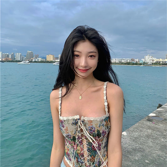 flowersverse Beach Summer Boho Floral Halter Top Women Print Backless Sexy Vintage Bustiers Crop Korean Chic Casual High Street clothing