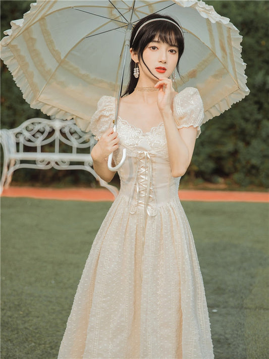 flowersverse Back to school outfit Cottage Vintage Woman Chiffon Dress For Slim Lady Summer Retro Puff Sleeve Bandage Royal Princess Dresses Vestido Festa