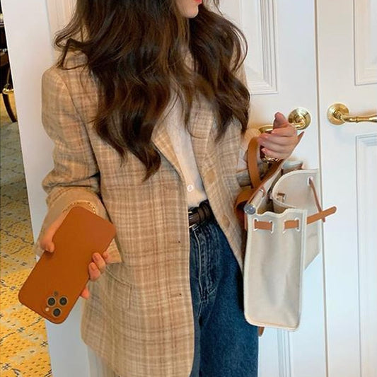 flowersverse Blends Women Classic Retro Plaid Outer Wear Tender All Match College Ladies Fashion French Warm Long Sleeve Casual Elegant Ins